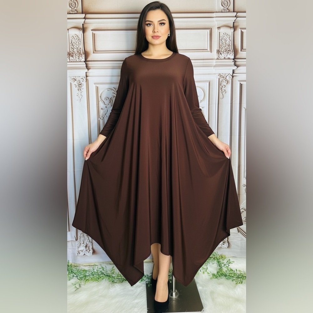 Women's Brown Flowing Long-Sleeve Dress